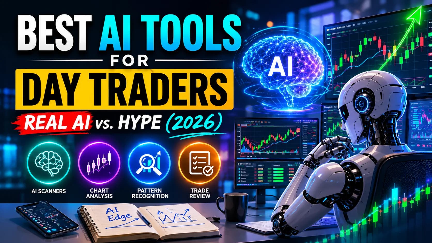 Best AI tools for day traders in 2026, showing AI-powered trading analysis, stock charts, scanning, chart recognition, and trade review.