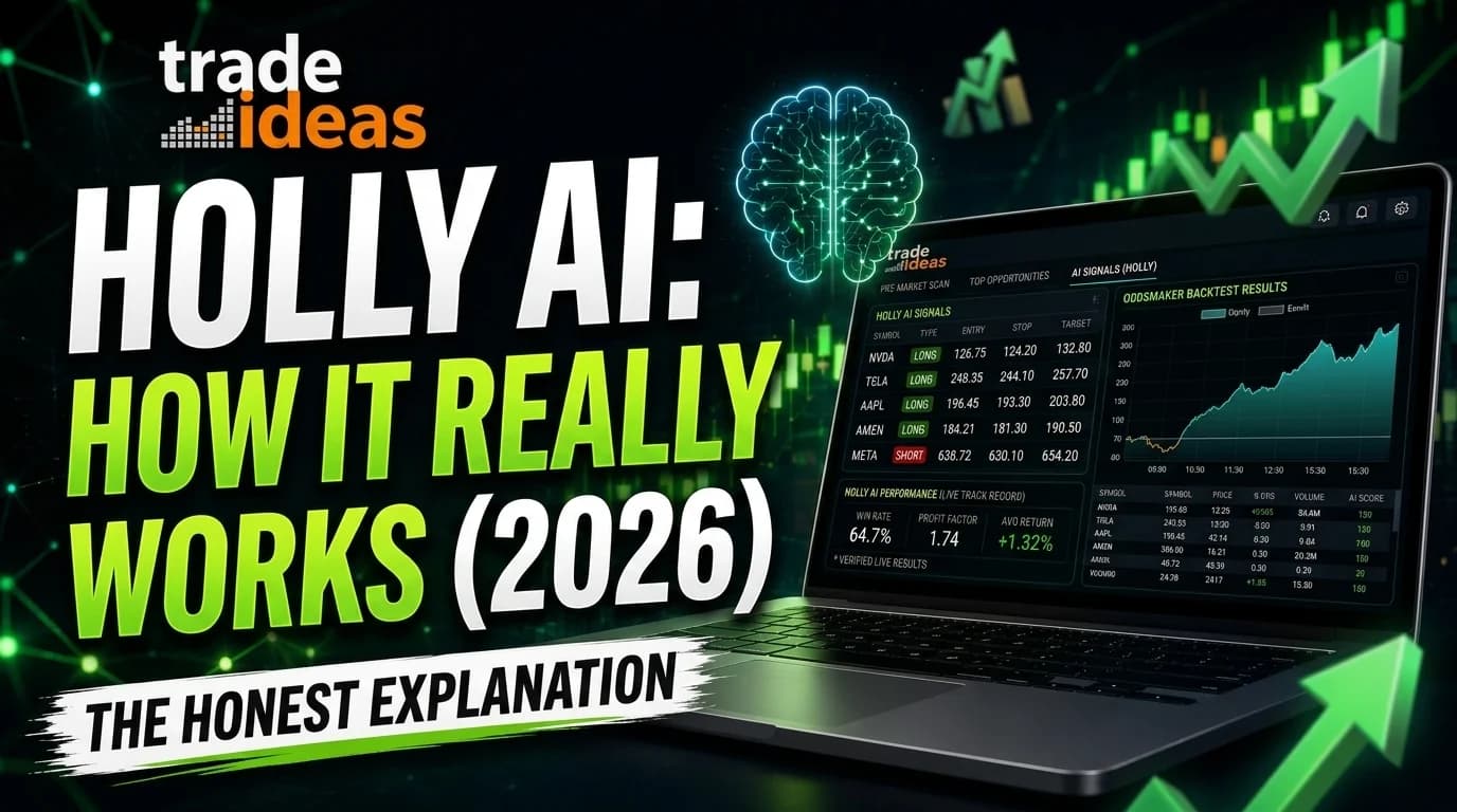 Featured image for Trade Ideas Holly AI explanation guide, showing a sleek laptop displaying trading charts next to bold neon text reading "Holly AI: How It Really Works (2026)"
