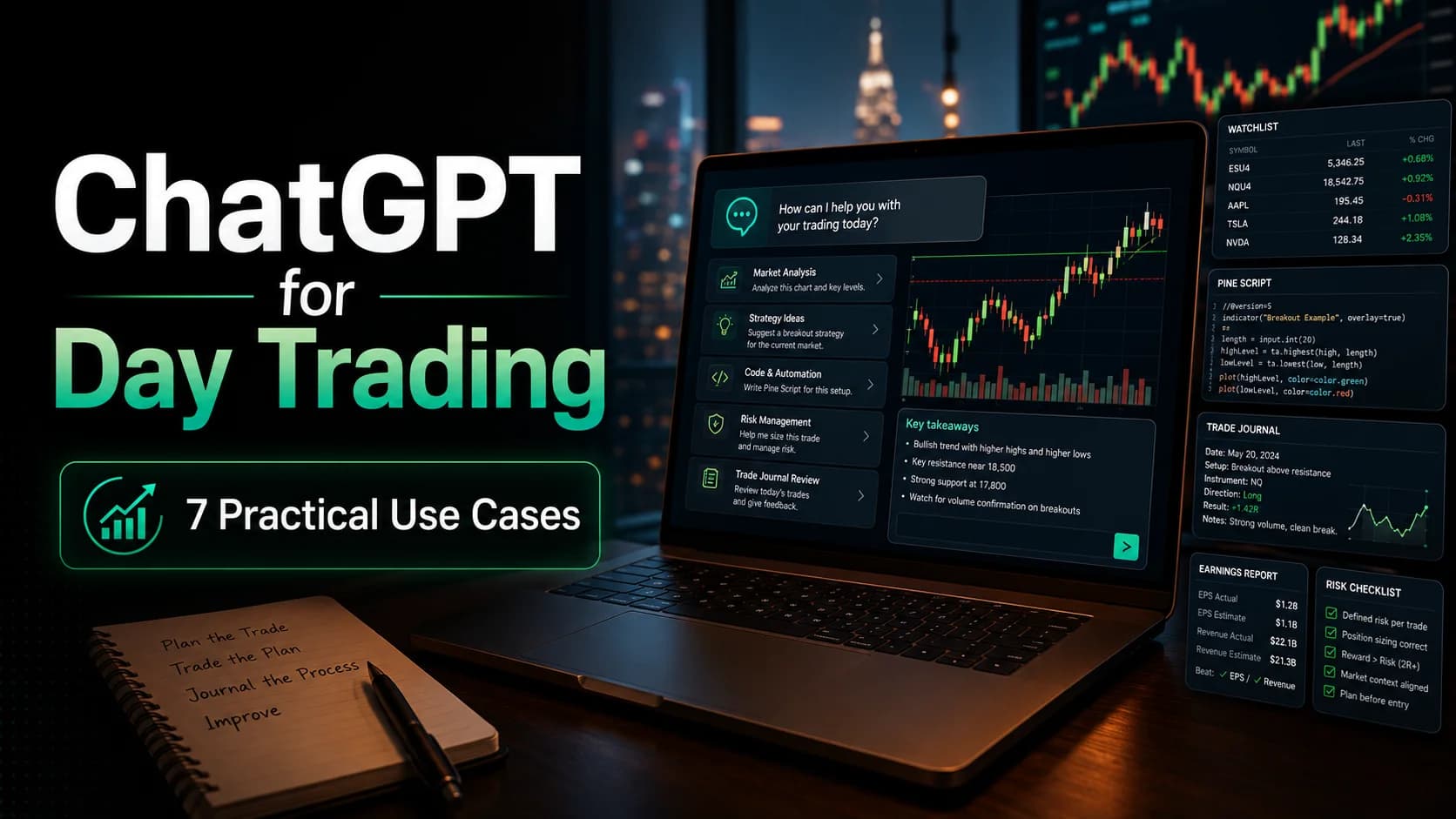 ChatGPT for day trading featured image showing an AI trading assistant dashboard with charts, watchlist, Pine Script, trade journal, and risk checklist