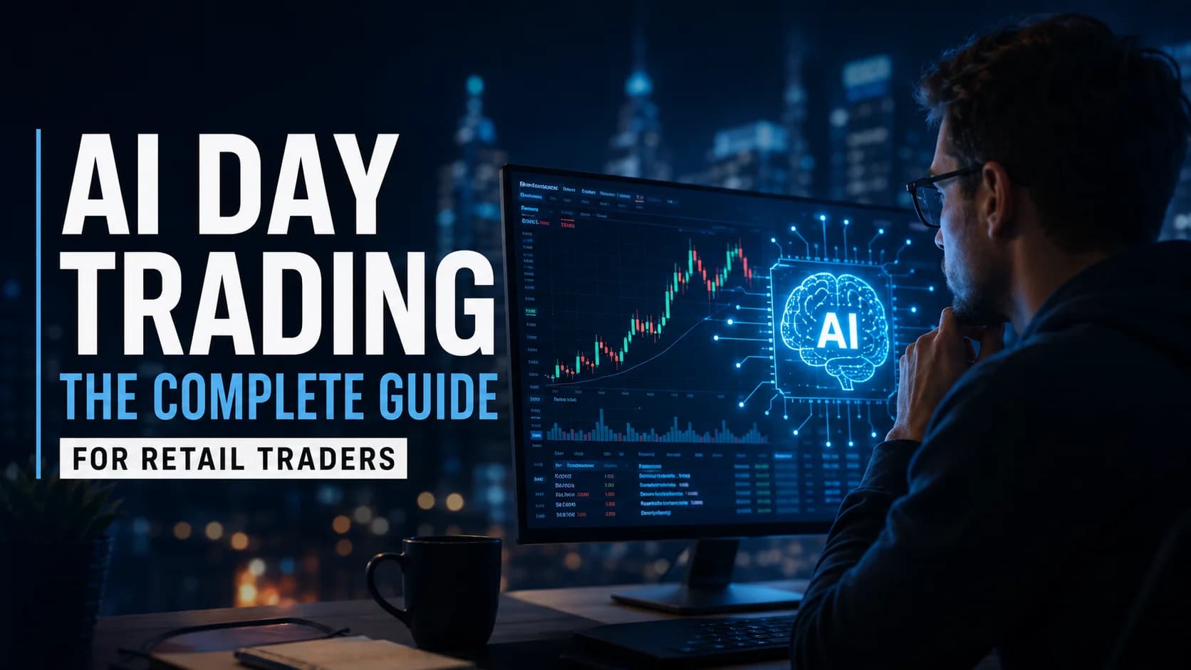 AI day trading featured image showing a retail trader analyzing stock charts with an AI-powered trading interface, for a complete guide to AI day trading in 2026.