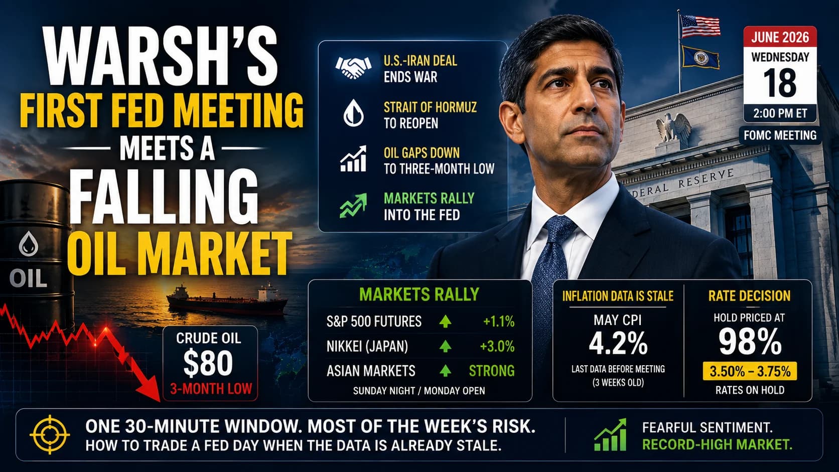Featured image for a weekly market insights article showing Kevin Warsh’s first FOMC meeting, falling crude oil prices, the U.S.-Iran deal, stale inflation data, and market rally risk.