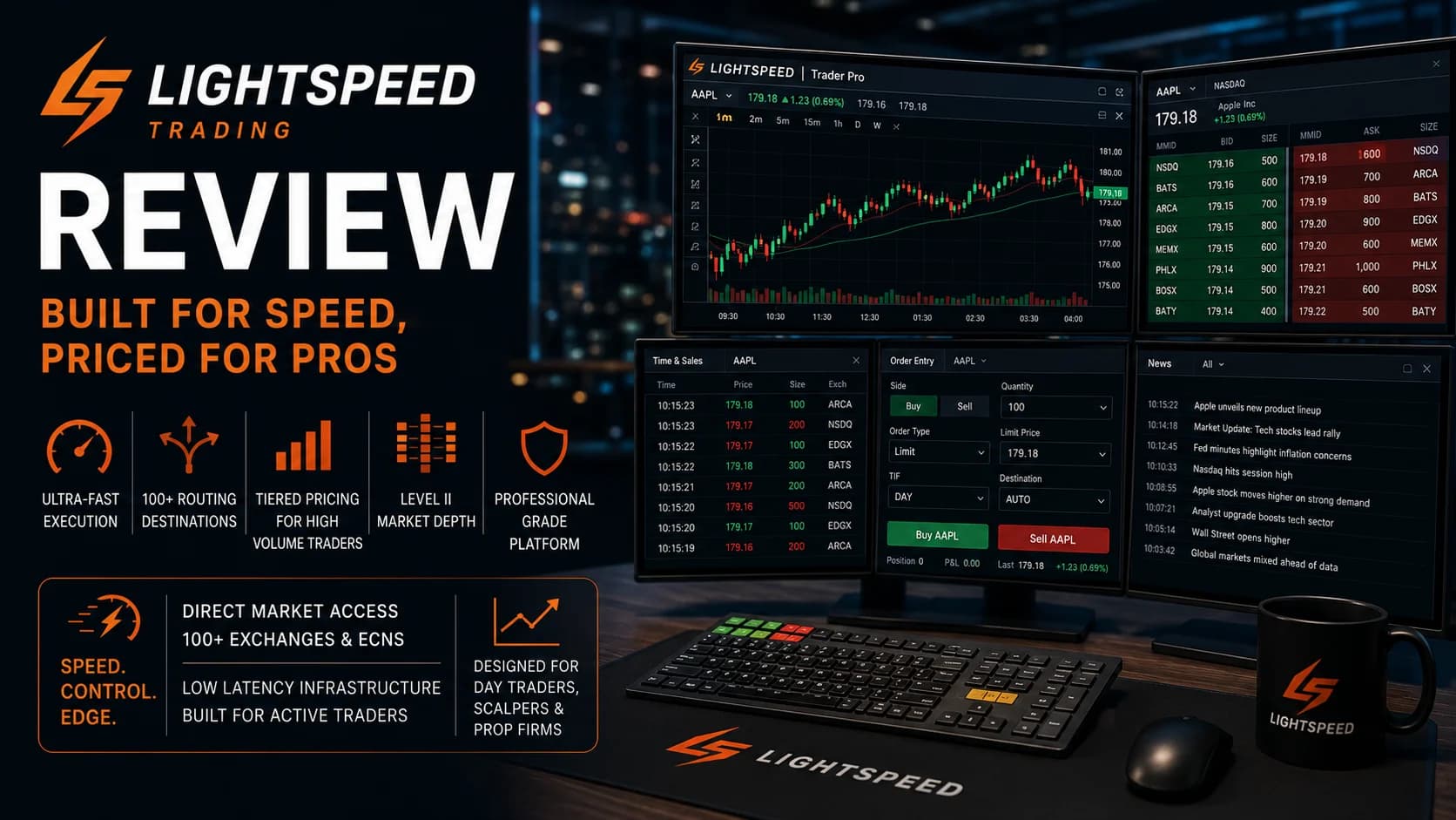 Lightspeed Trading review featured image showing a professional direct-access trading workstation with multiple monitors, advanced order routing, Level II market data, and ultra-fast executio