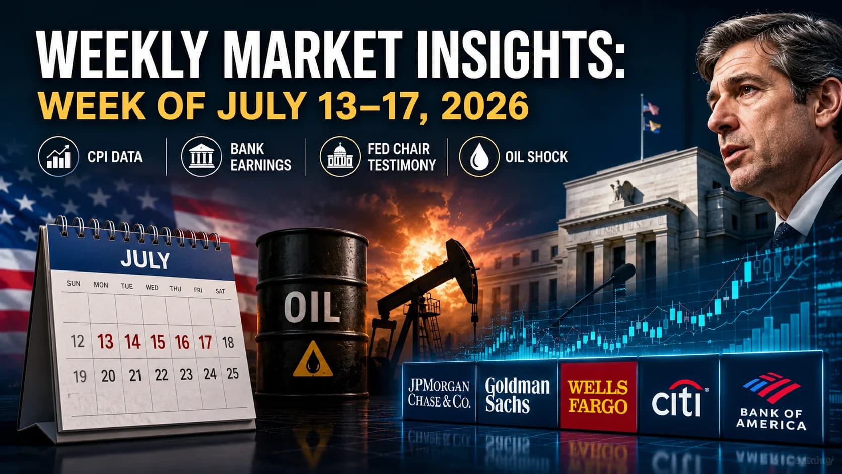Weekly Market Insights featured image highlighting July 13–17 market outlook with CPI inflation data, major bank earnings, Federal Reserve testimony, and oil market volatility.