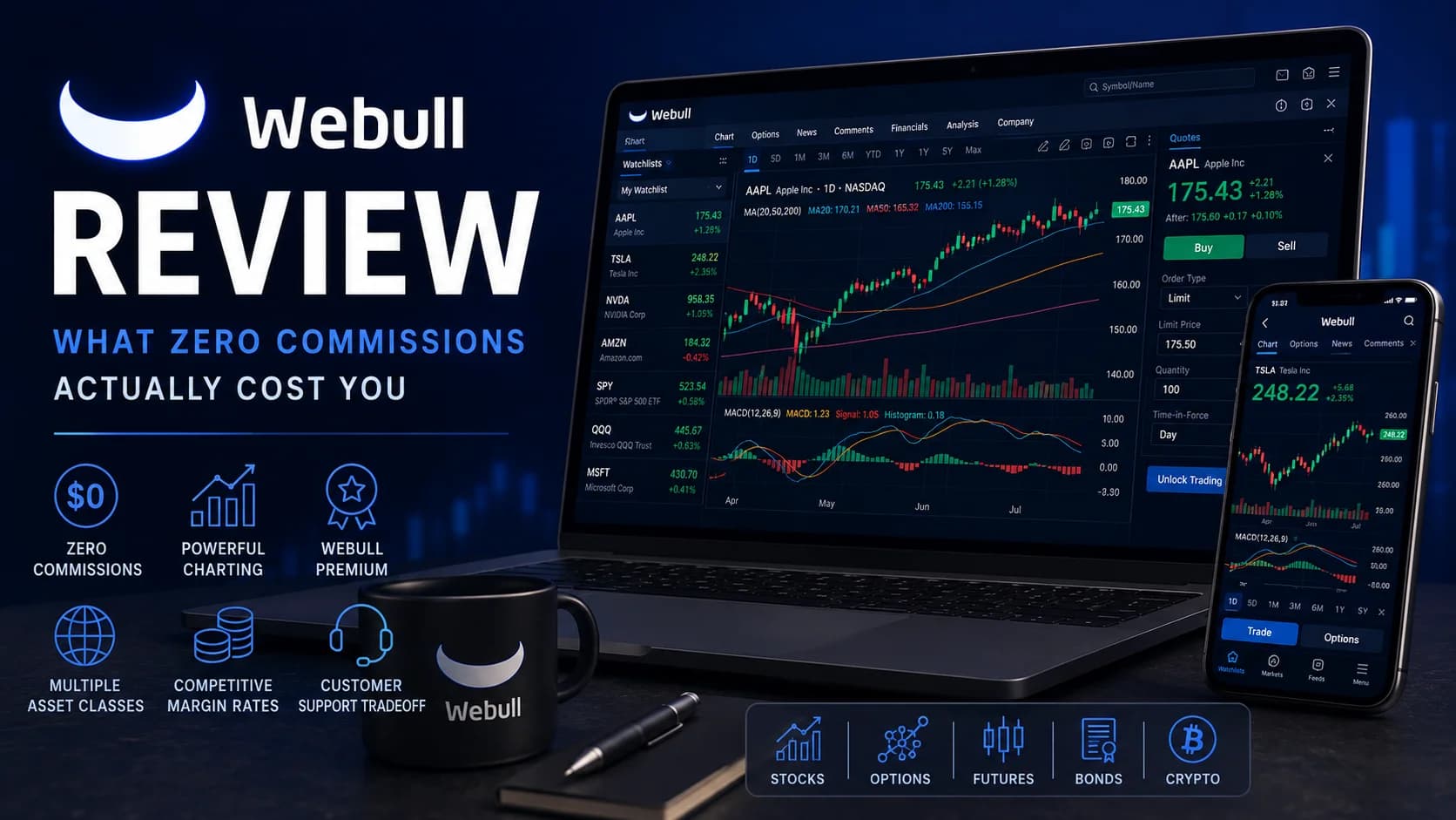 Webull review featured image showing a modern trading platform with advanced charting tools, zero-commission trading, mobile and desktop interfaces, and features for active day traders.