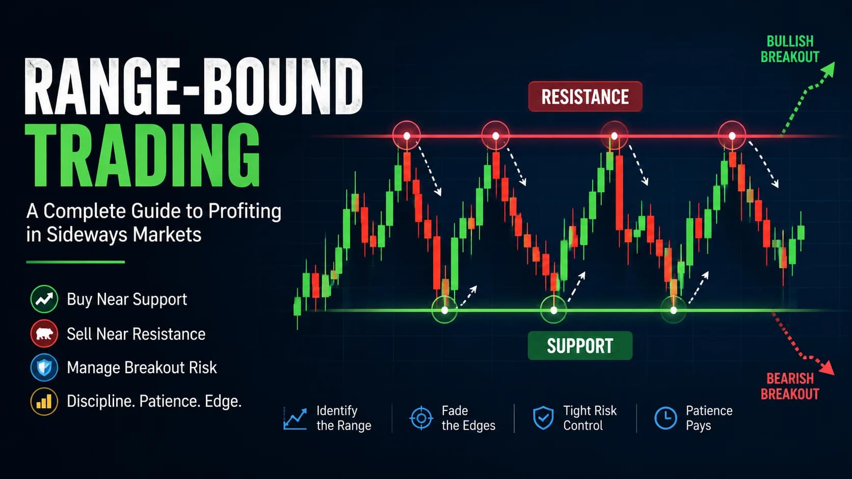 Illustration of range-bound trading showing price moving between horizontal support and resistance levels with candlestick chart, reversal points, and potential breakout scenarios in a sidewa