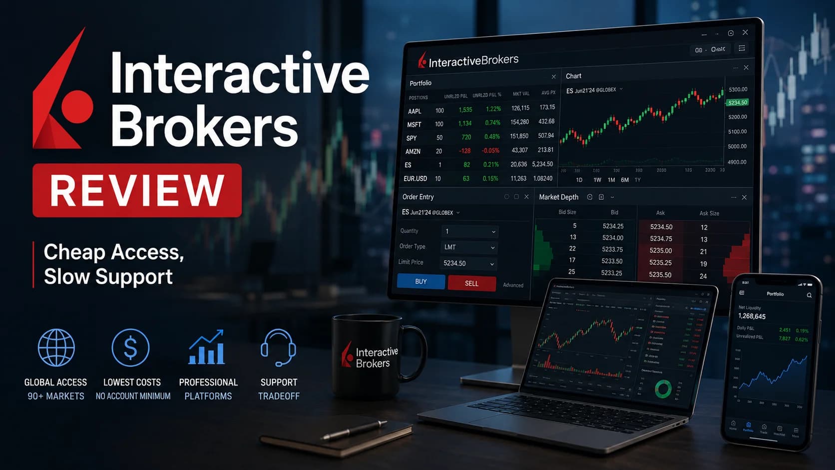 Interactive Brokers review featured image showing professional multi-monitor trading platform, global market access, low trading costs, and advanced tools for active day traders.
