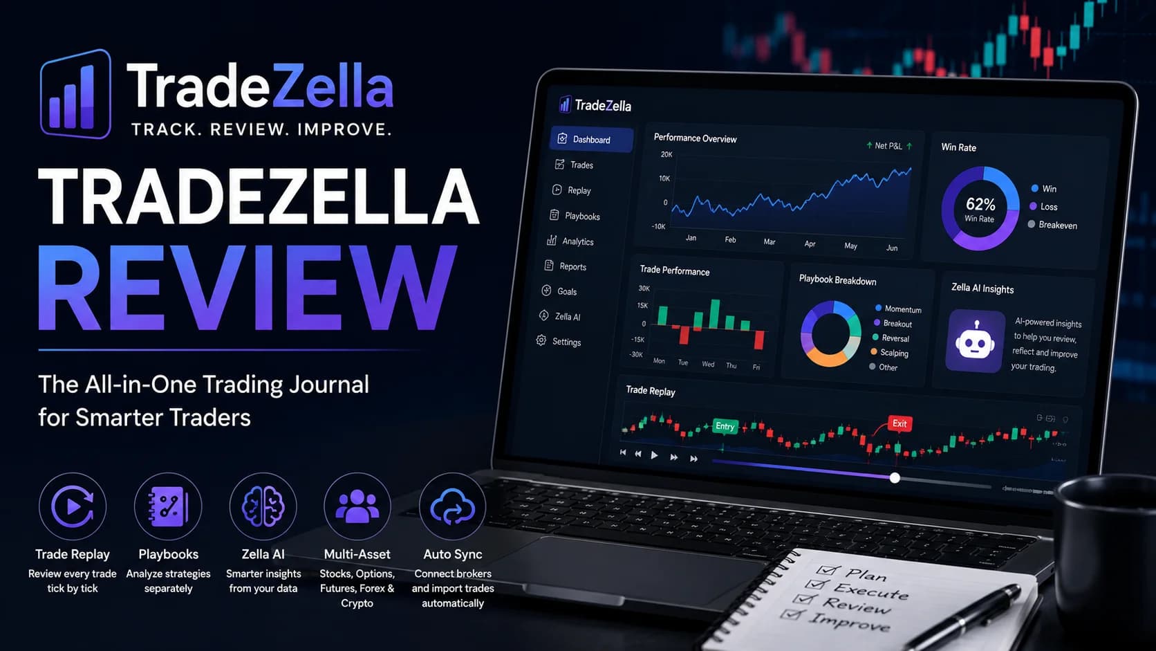 TradeZella review featured image showing the TradeZella trading journal dashboard with trade replay, AI-powered analytics, playbook performance tracking, broker auto-sync, and multi-asset tra