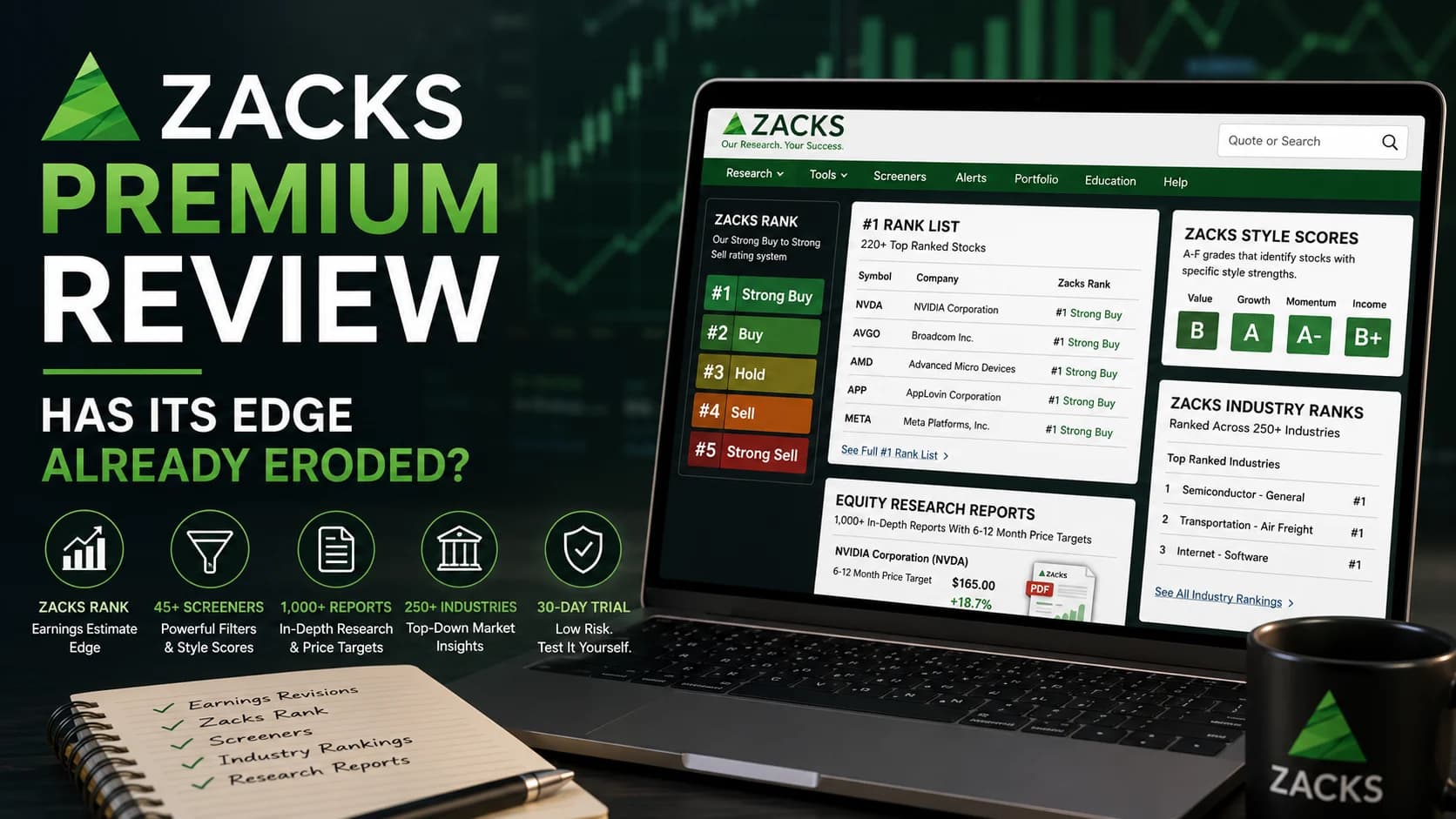 Zacks Premium review featured image showing the Zacks Rank system, stock screeners, and investment research tools, examining whether its earnings estimate revision strategy still offers an in