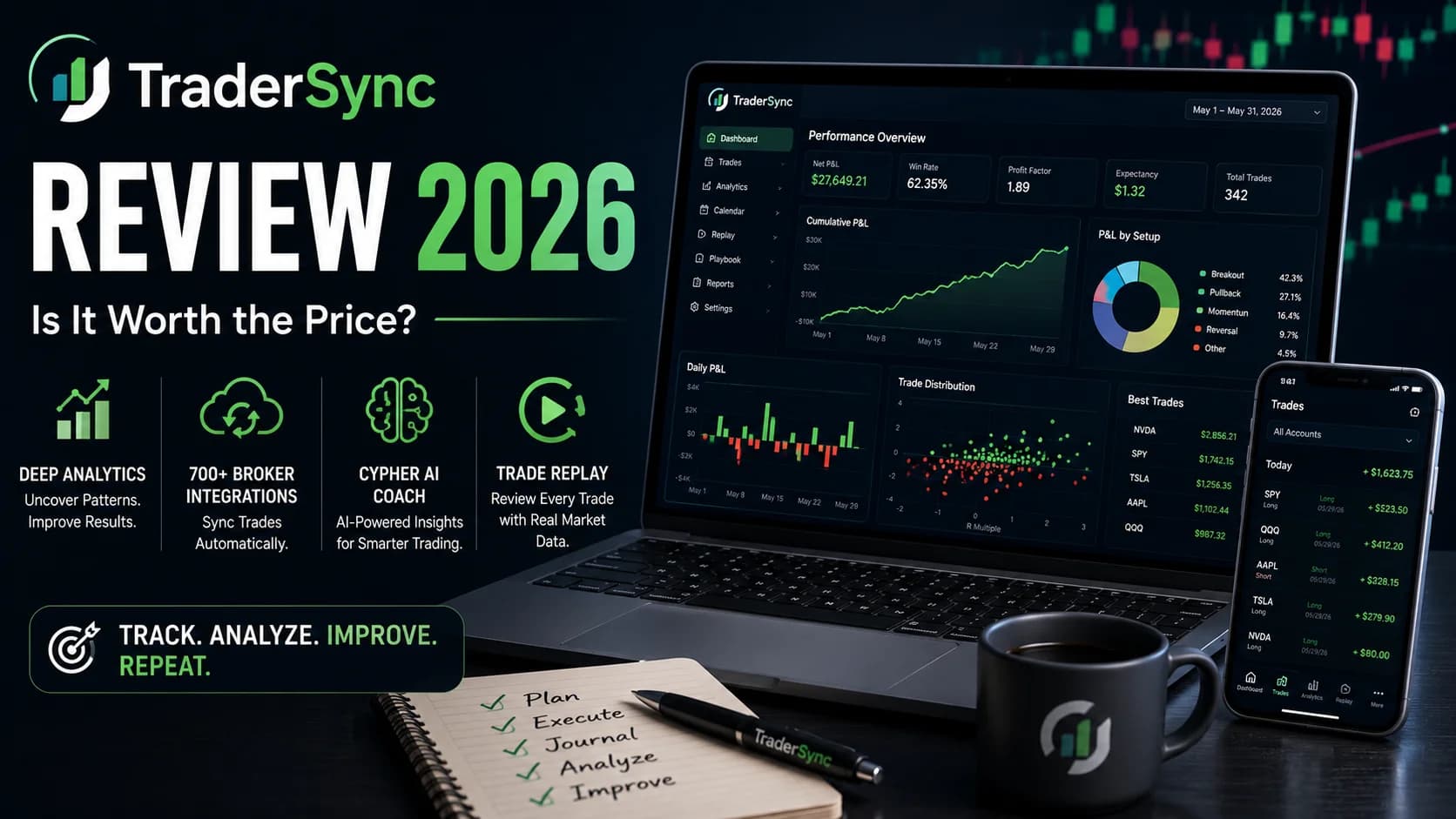 TraderSync Review 2026 featured image showing a trading journal dashboard with performance analytics, AI coaching, trade replay, and broker integration tools for active traders.