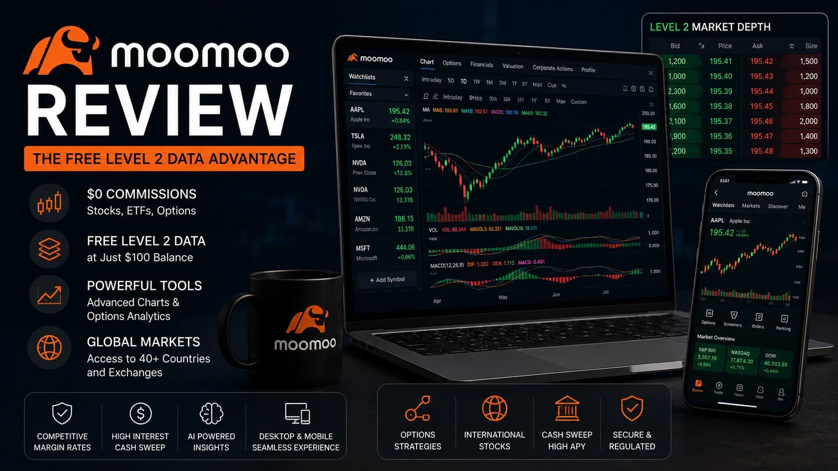 moomoo review featured image highlighting free Level 2 market data, advanced charting tools, options analytics, and commission-free trading for active day traders.