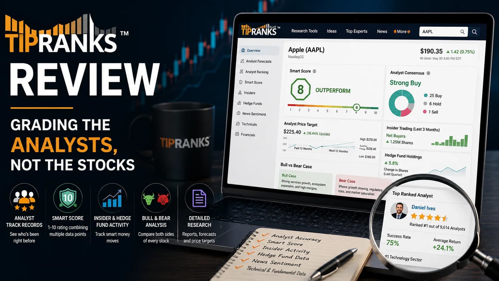 TipRanks review featured image highlighting Smart Score, analyst performance tracking, insider activity, and stock research tools designed for long-term investors rather than day traders.