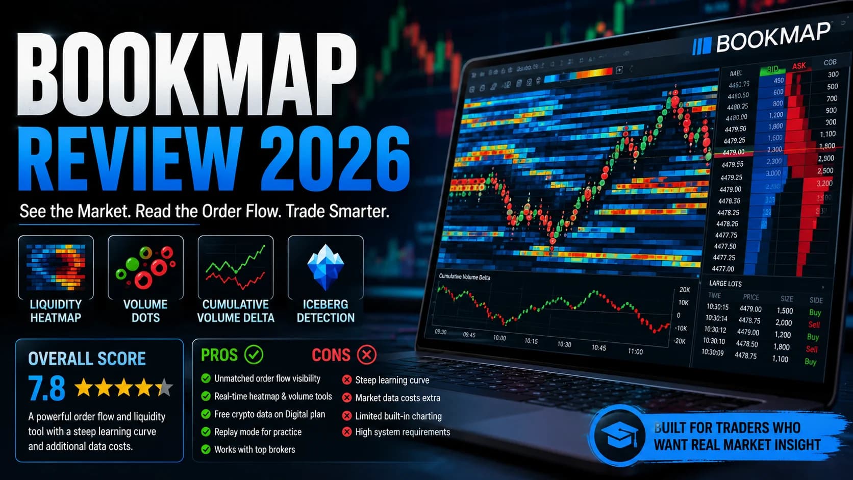 Bookmap Review 2026 featured image showing the Bookmap order flow heatmap, liquidity visualization, and trading interface with an emphasis on market depth, order flow analysis, and profession