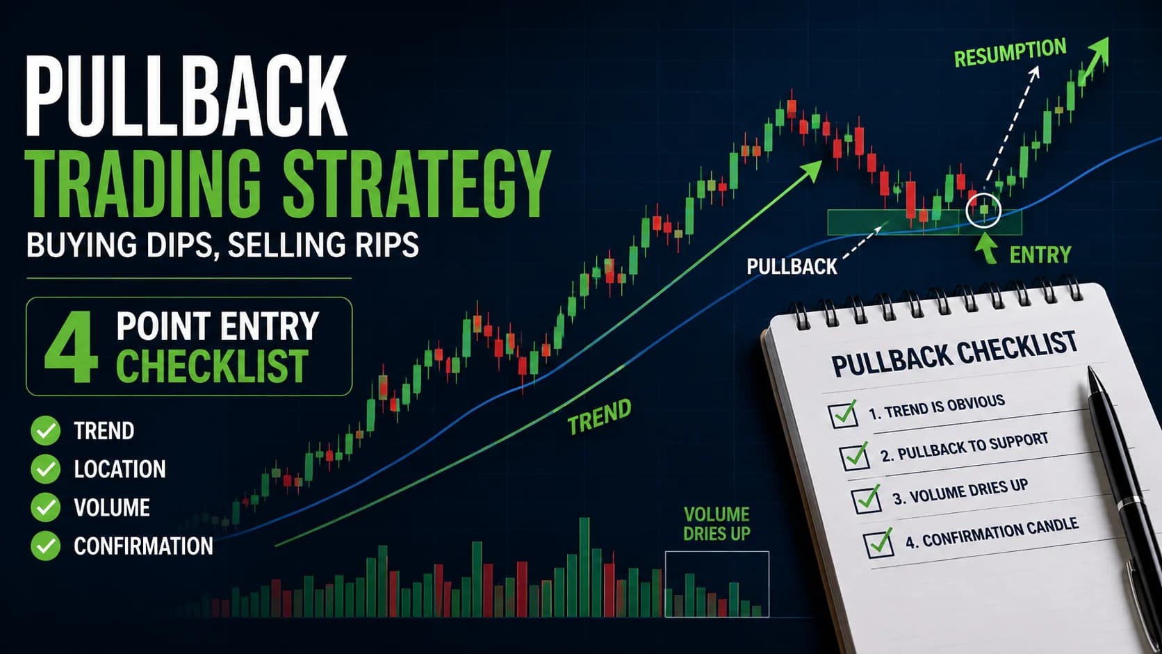 Pullback trading strategy illustrating a bullish trend, price retracement to support, confirmation candle, and the 4-point entry checklist including trend, location, volume, and confirmation