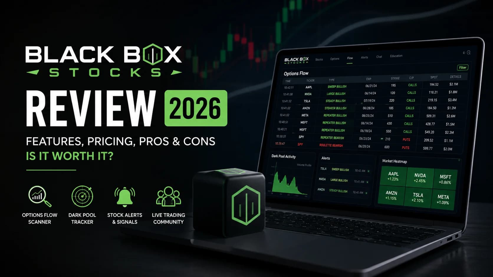 Black Box Stocks Review 2026 featured image showing an options flow scanner, dark pool data dashboard, and stock trading platform for active traders.