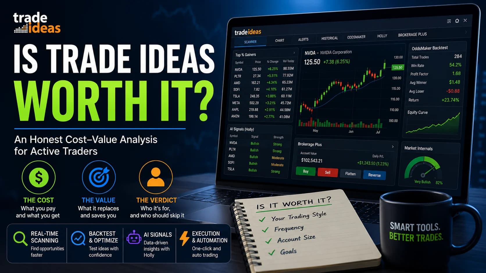 Trade Ideas cost versus value comparison featuring real-time stock scanning, AI trading tools, backtesting, and workflow analysis for active day traders deciding if the platform is worth the