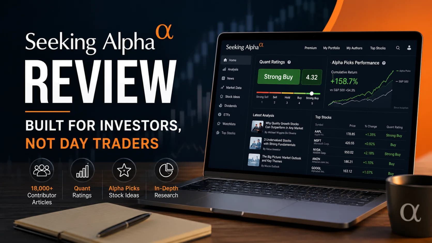 Seeking Alpha review featured image showing investment research platform with Quant Ratings and Alpha Picks, highlighting why it is better suited for long-term investors than day traders.