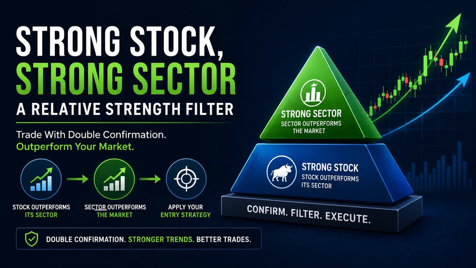 Strong Stock Strong Sector relative strength trading strategy showing a stock outperforming its sector while the sector outperforms the broader market with bullish price charts and trend conf
