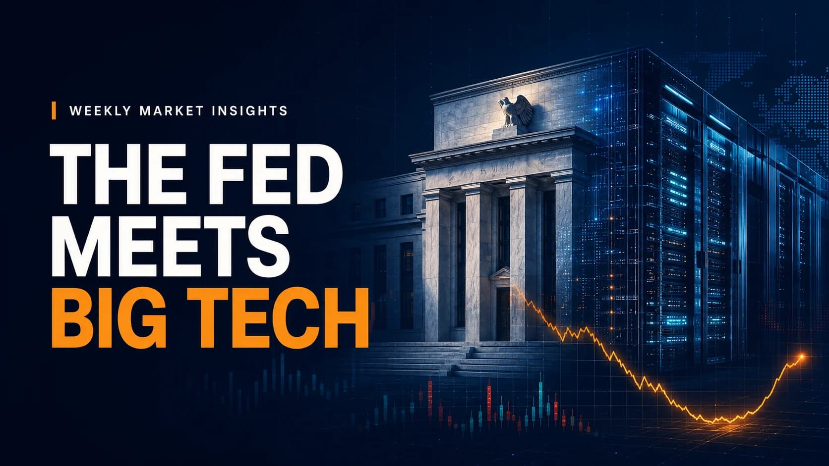 Federal Reserve building merging with AI data-center infrastructure for Weekly Market Insights covering Big Tech earnings and market volatility.