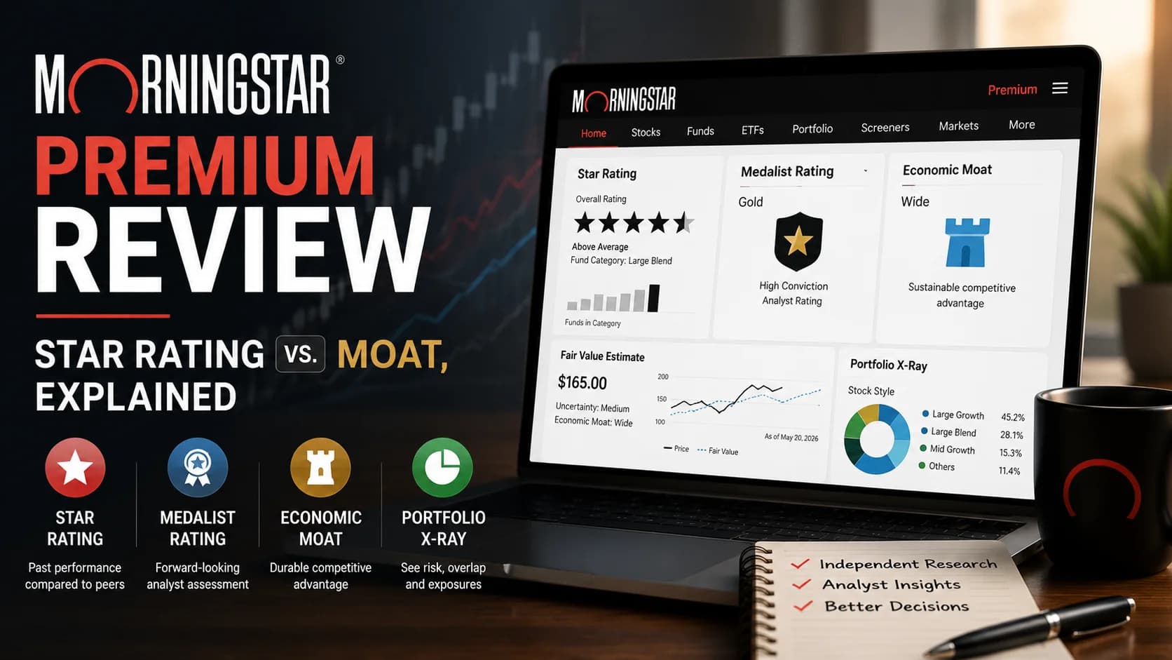 Morningstar Premium review featured image comparing Star Ratings, Medalist Ratings, and Economic Moat analysis with portfolio research tools for long-term investors.