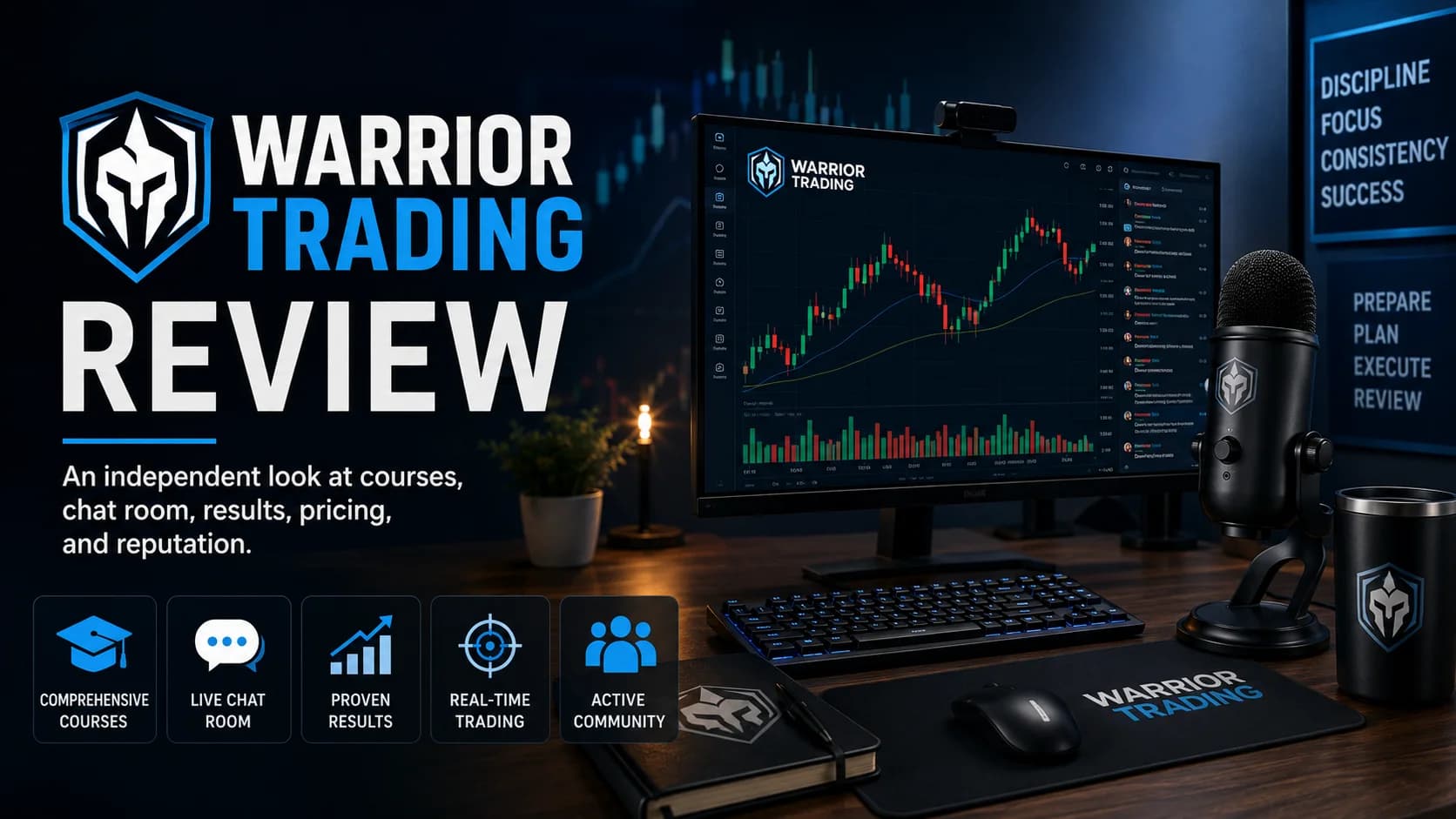 Warrior Trading review featured image showing a professional trading workstation with stock charts, highlighting the platform's courses, live chat room, trading tools, and community.