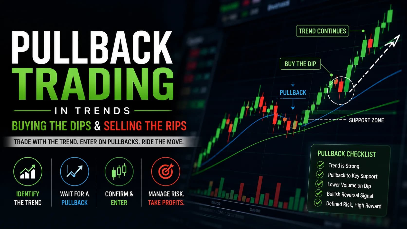 Pullback trading in trends featured image showing a bullish price chart with a buy-the-dip entry, moving averages, and trend continuation strategy for day traders.