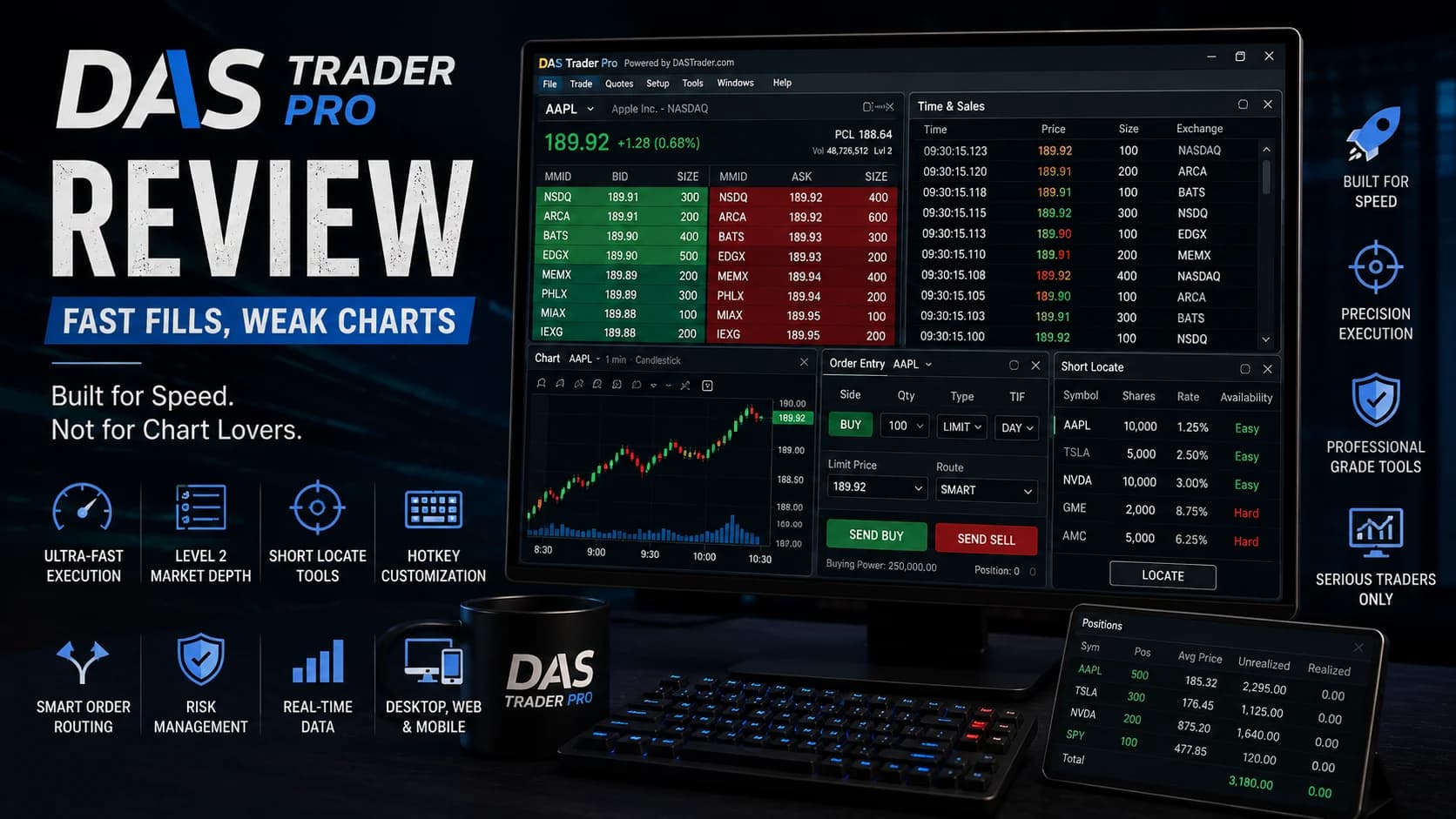 DAS Trader Pro review featured image showing a professional direct-access trading workstation with Level II market data, hotkey trading, advanced order routing, and ultra-fast execution tools