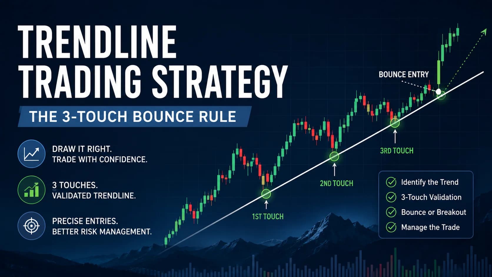 Illustration of a trendline trading strategy showing the 3-touch bounce rule with an ascending trendline, candlestick chart, validated support touches, bounce entry, and breakout continuation