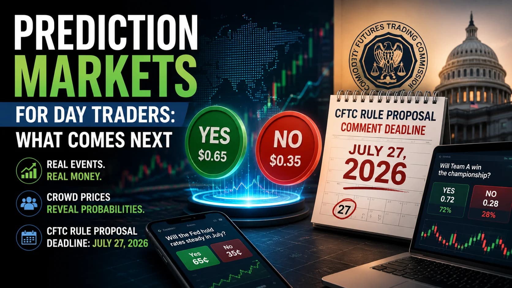 Prediction markets for day traders featuring event contracts, probability-based YES/NO trading interface, market charts, and CFTC regulatory oversight ahead of the event contract rule proposa