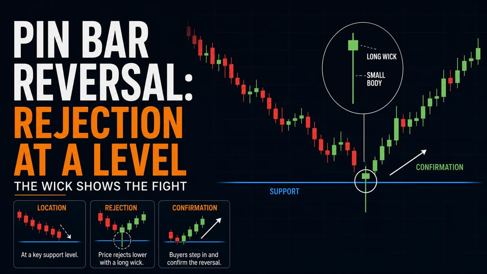 Pin bar reversal infographic showing a long lower wick rejecting support, a small candle body, and bullish confirmation.
