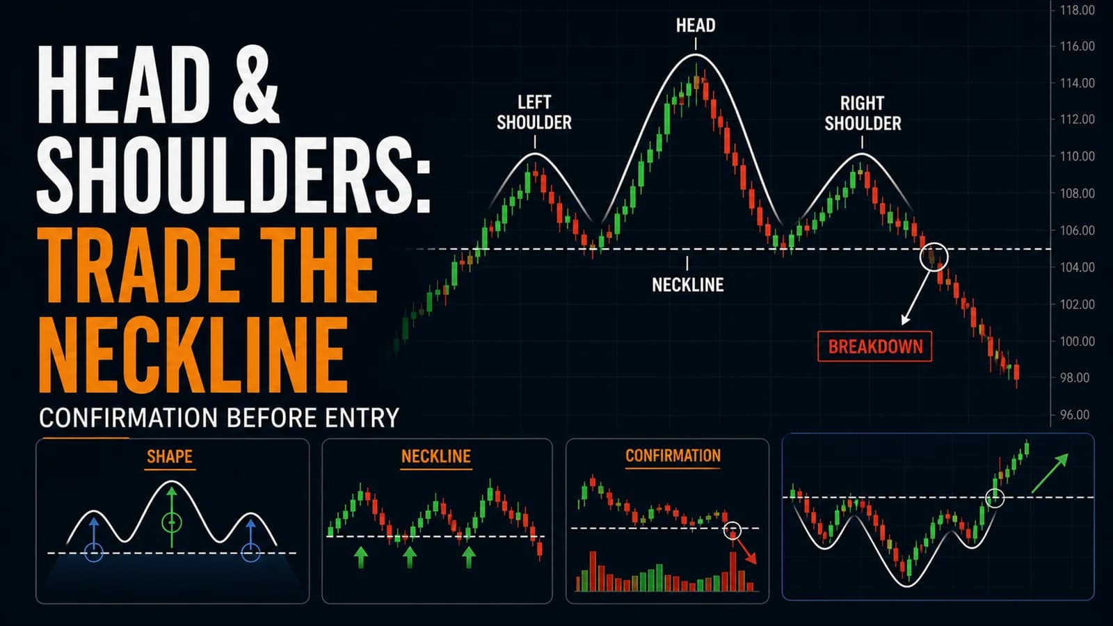 Head and shoulders trading infographic showing the left shoulder, head, right shoulder, neckline, and confirmed bearish breakdown.