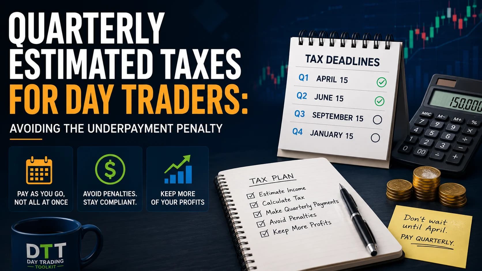 Quarterly estimated taxes for day traders with tax deadlines, calculator, and payment planning to help avoid underpayment penalties.