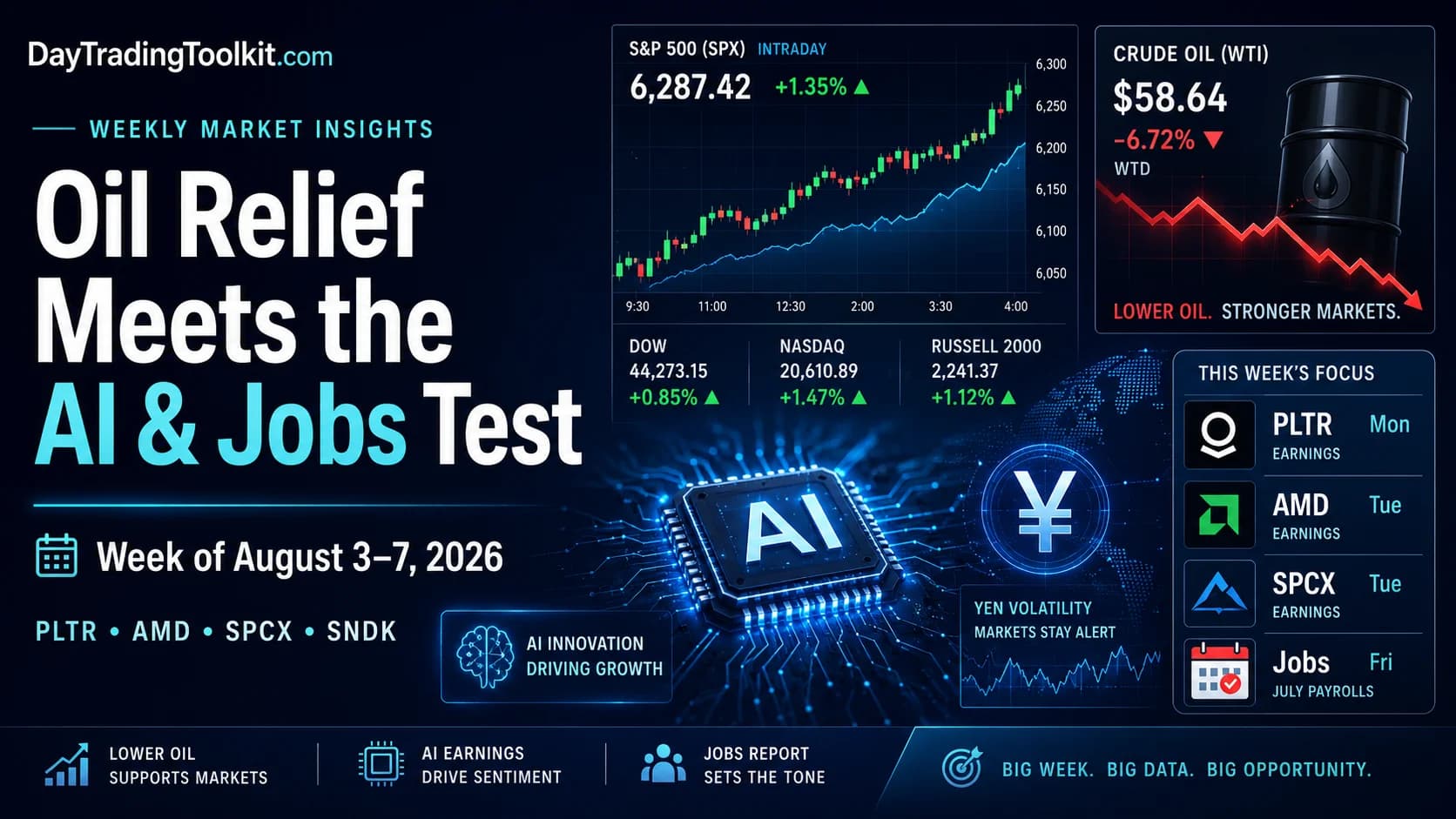 Weekly Market Insights featured image showing falling oil prices, AI earnings, yen volatility, and the August 2026 U.S. jobs report.