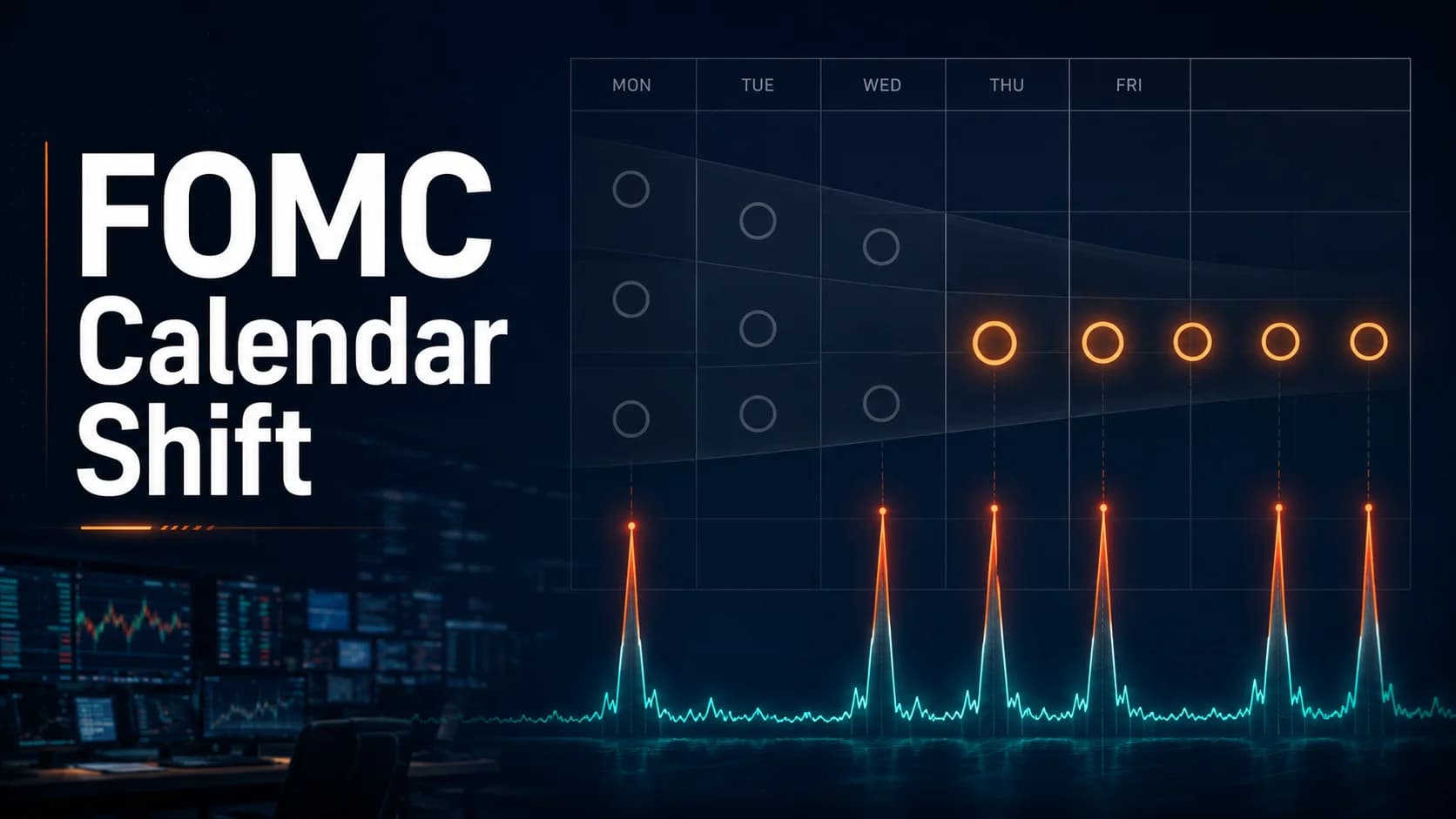 FOMC calendar shift graphic showing fewer Fed meeting dates with concentrated volatility spikes for traders.