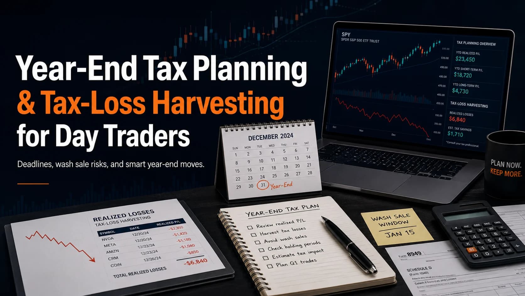 Year-end tax planning and tax-loss harvesting for day traders, showing trading losses, wash sale timing, tax deadlines, and year-end planning