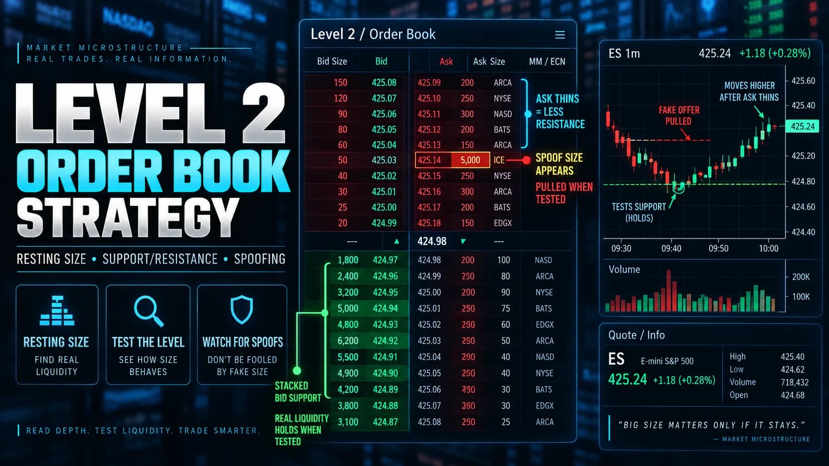 Level 2 trading strategy featured image showing the order book, stacked bid and ask liquidity, spoofed size, and how price reacts when support is tested