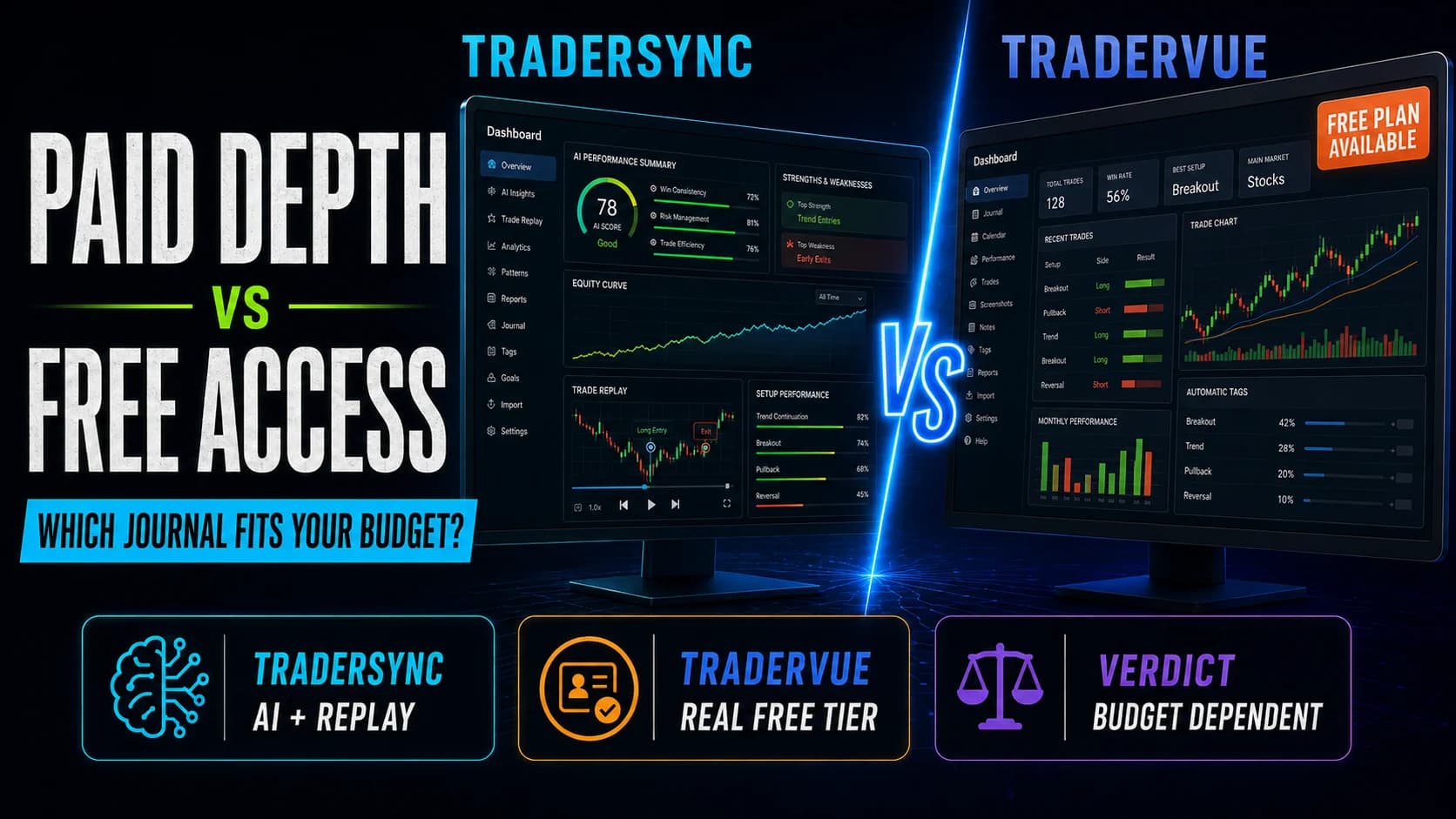 TraderSync versus Tradervue comparison showing paid AI and replay tools beside Tradervue’s free trading journal dashboard.