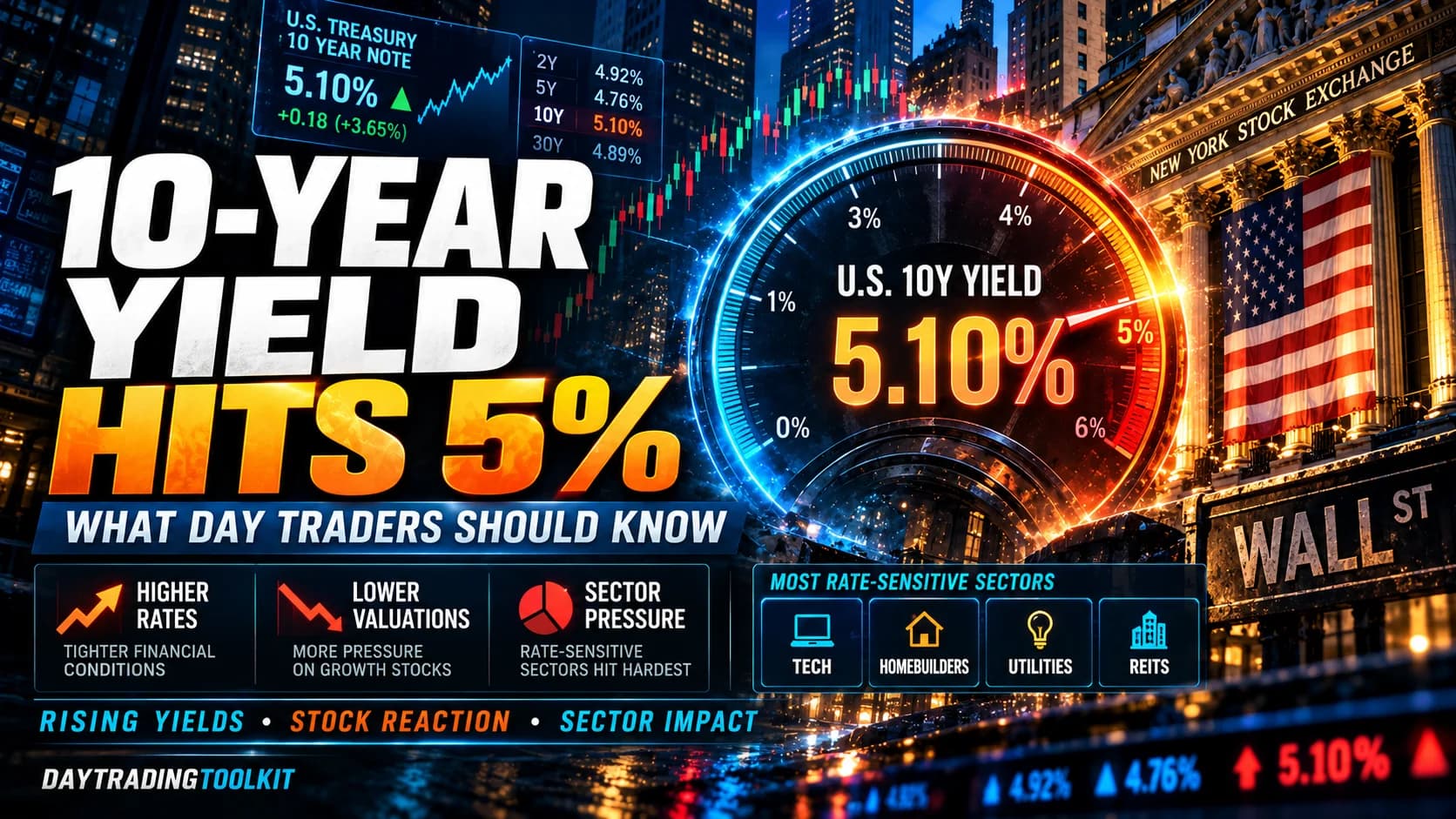 10-year Treasury yield at 5% featured image showing a 5.10% U.S. 10-year yield, Wall Street, rising rates, lower stock valuations, and pressure on rate-sensitive sectors.