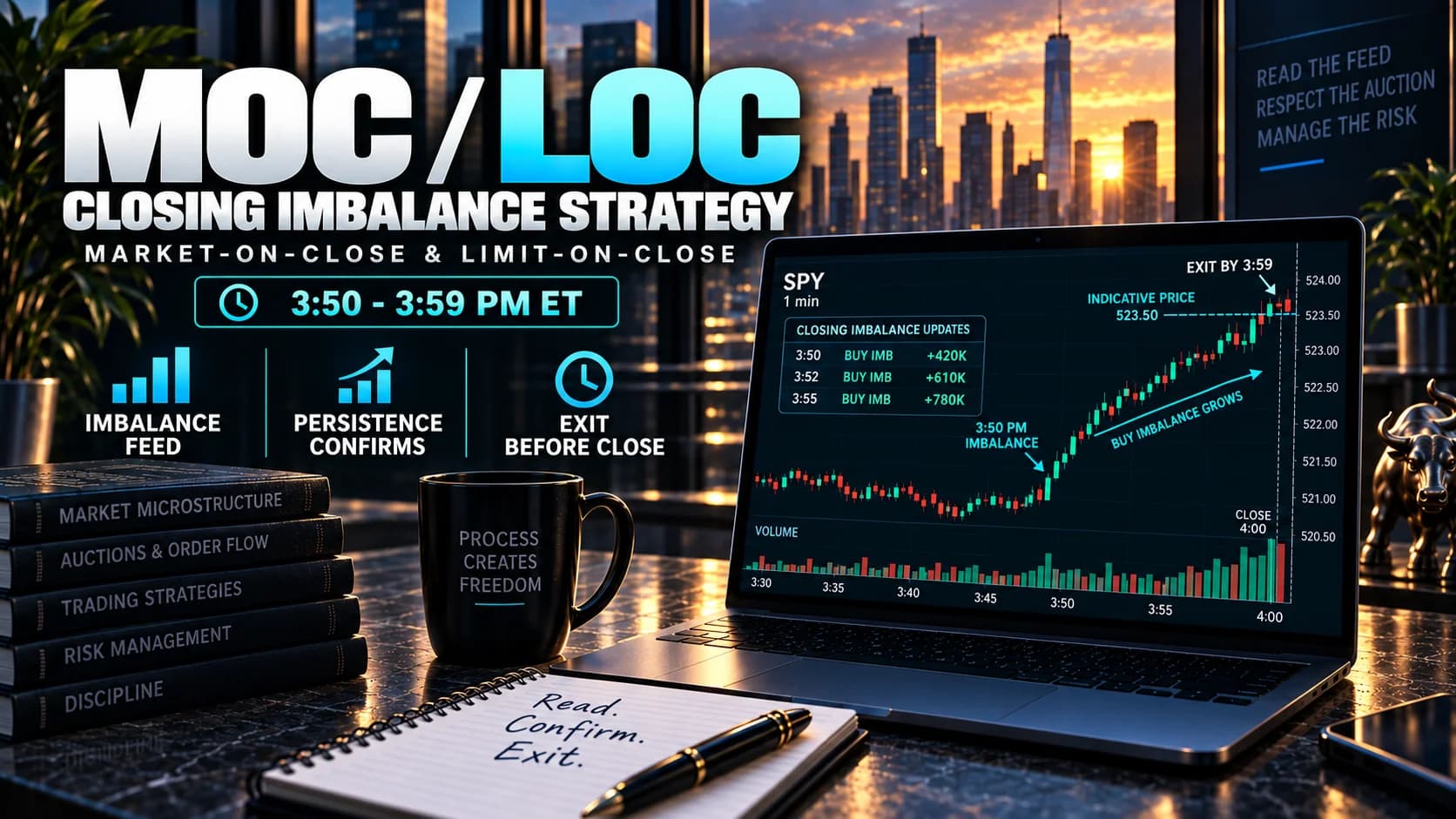 Market-on-Close and Limit-on-Close closing imbalance strategy showing a growing buy-side imbalance, indicative price, and exit before the closing auction
