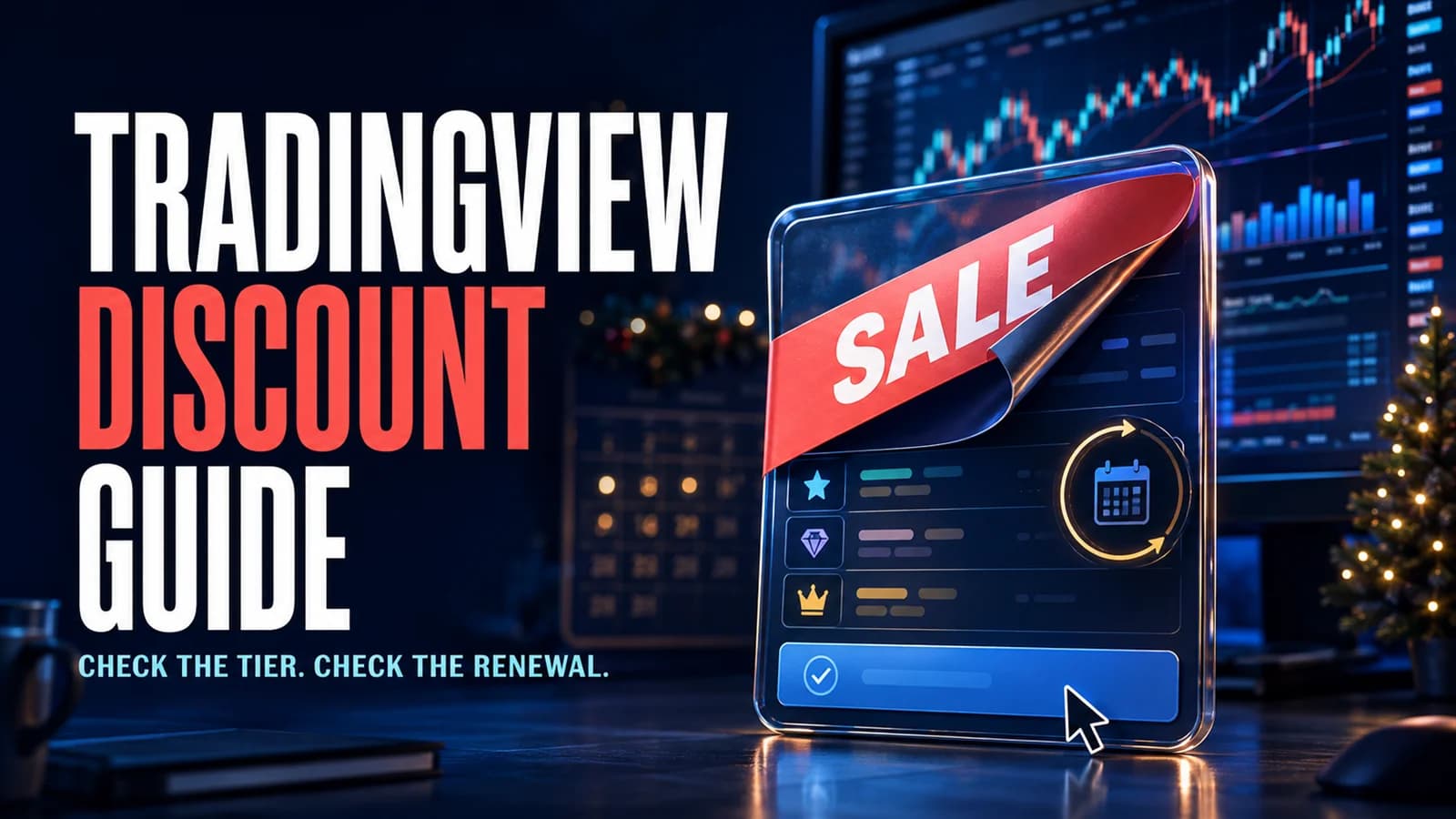 TradingView discount guide cover showing a sale banner peeled back to reveal plan tiers and renewal timing beside a trading chart.