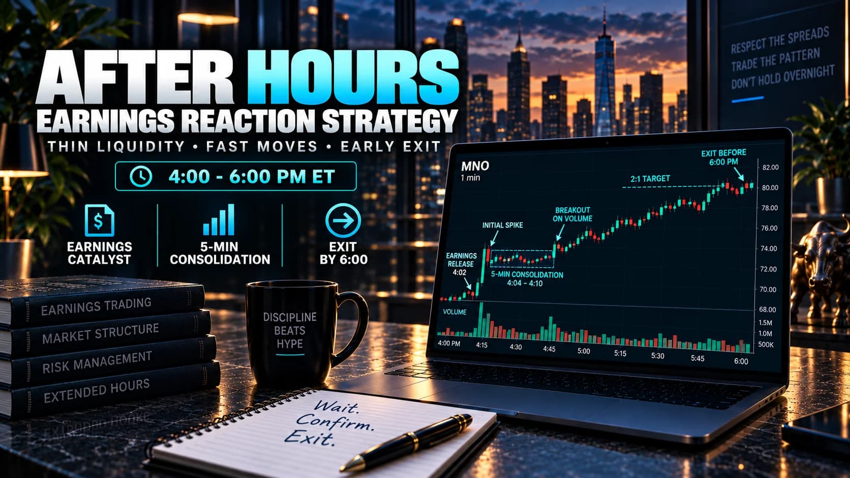 After-hours day trading strategy showing an earnings reaction spike, 5-minute consolidation, volume-confirmed breakout, and exit before 6:00 PM ET