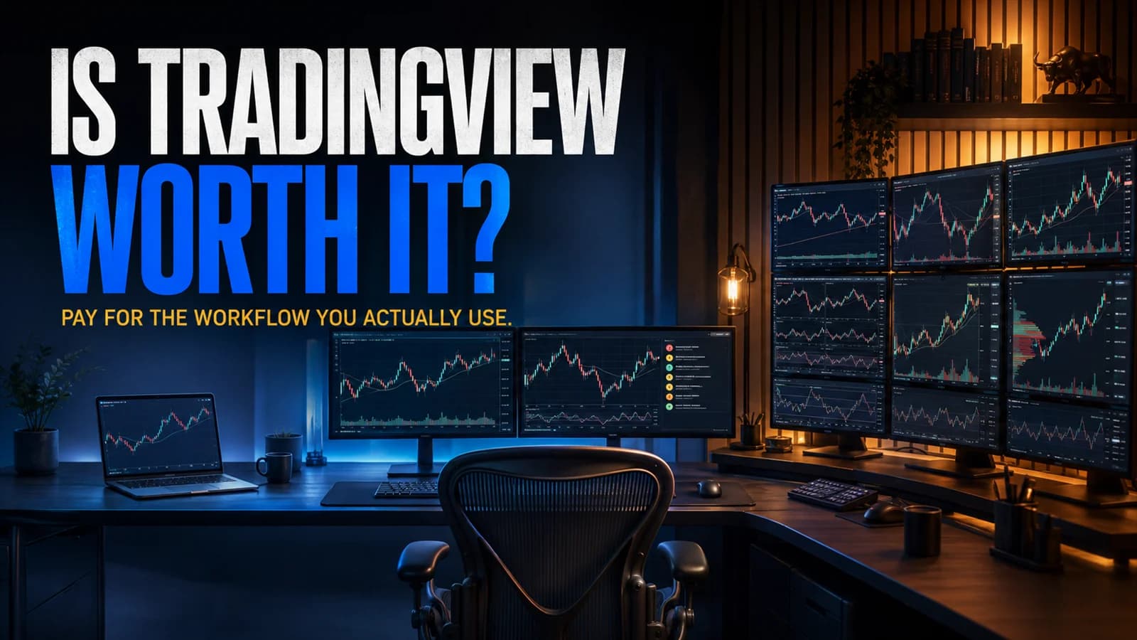 TradingView worth-it cover showing one workspace evolving from a single laptop chart to a multi-monitor professional trading setup.