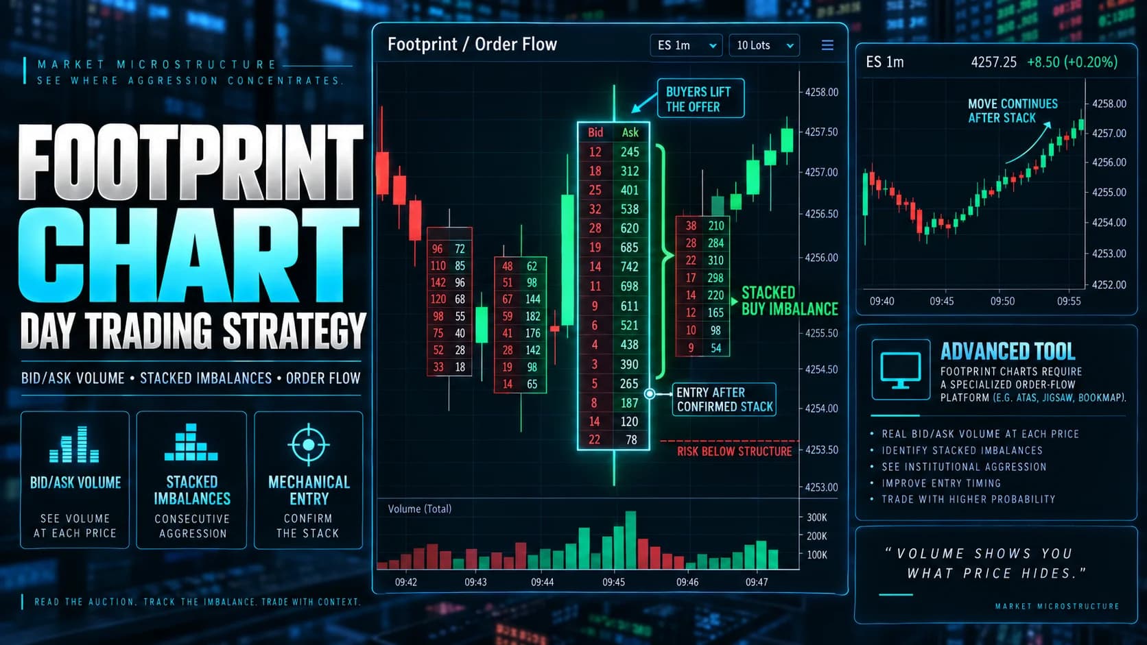 Footprint chart day trading strategy featured image showing bid and ask volume at each price level, stacked buy imbalances, and a mechanical order flow entry setup