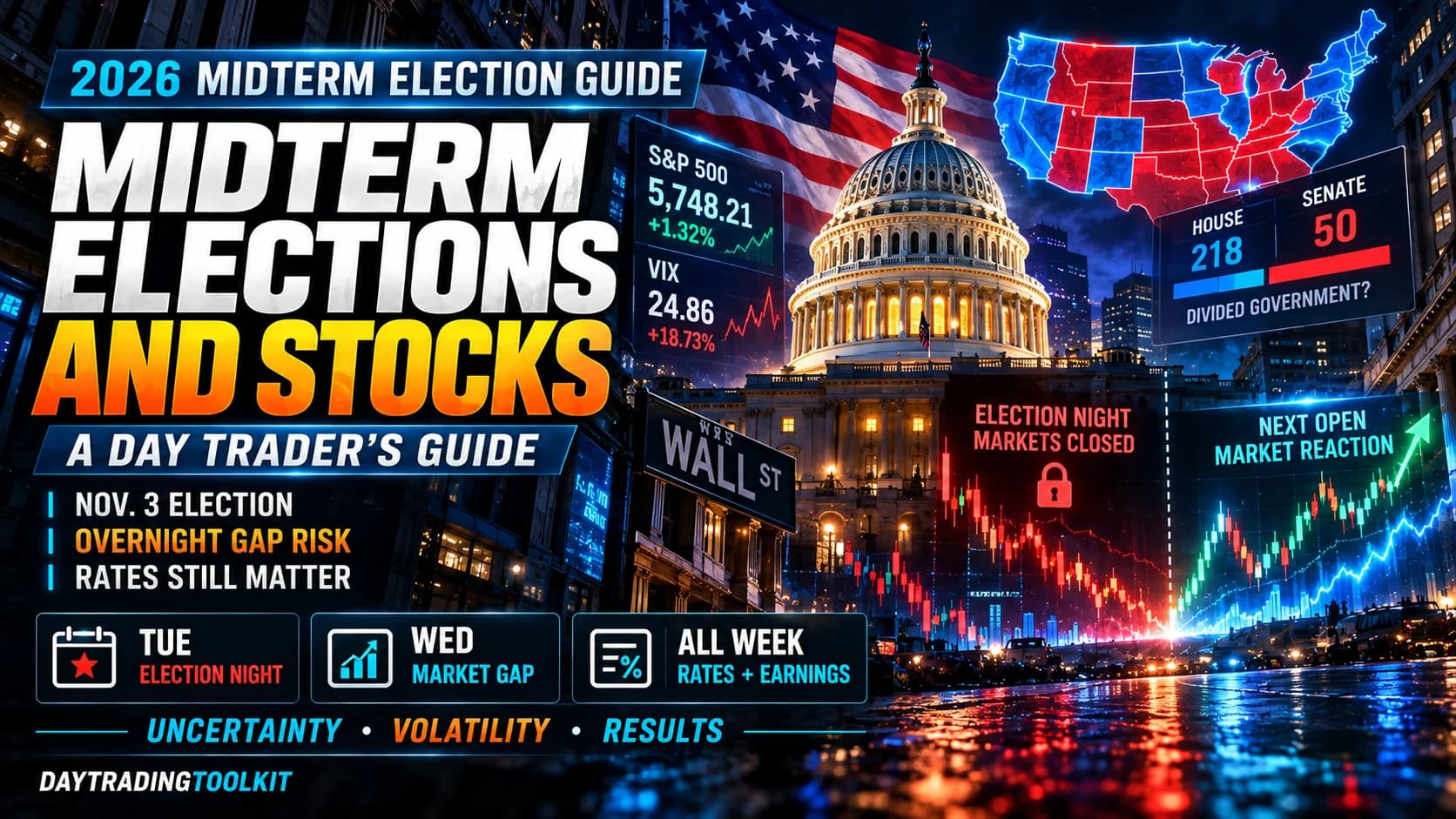 Featured image for Midterm Elections and Stocks: A Day Trader’s Guide showing the 2026 U.S. midterm elections, Capitol Hill, election map, market volatility, and overnight gap risk for trader
