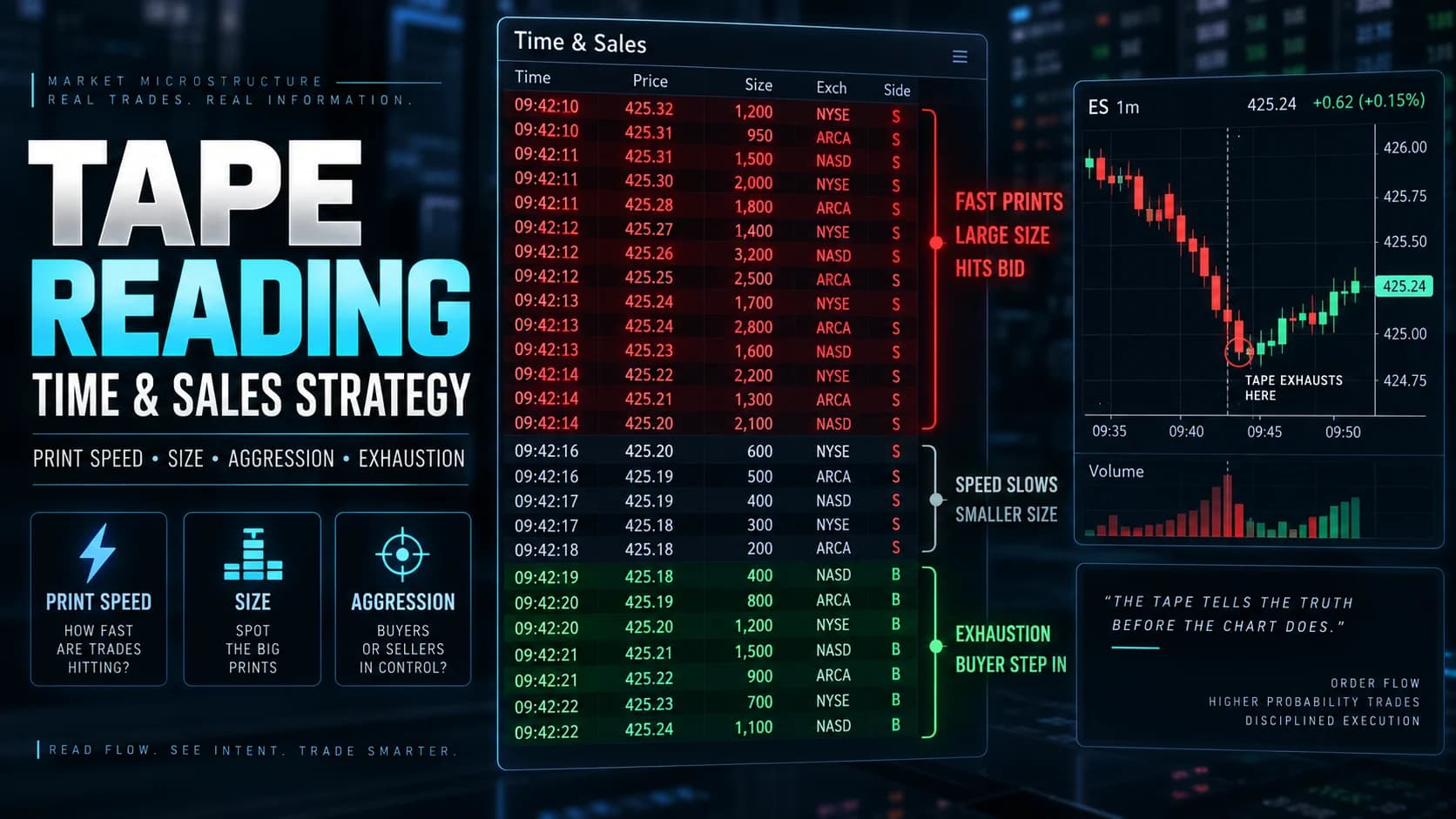 Tape reading for day traders featured image showing a Time and Sales feed, print speed, trade size, aggression, and an exhaustion reversal setup