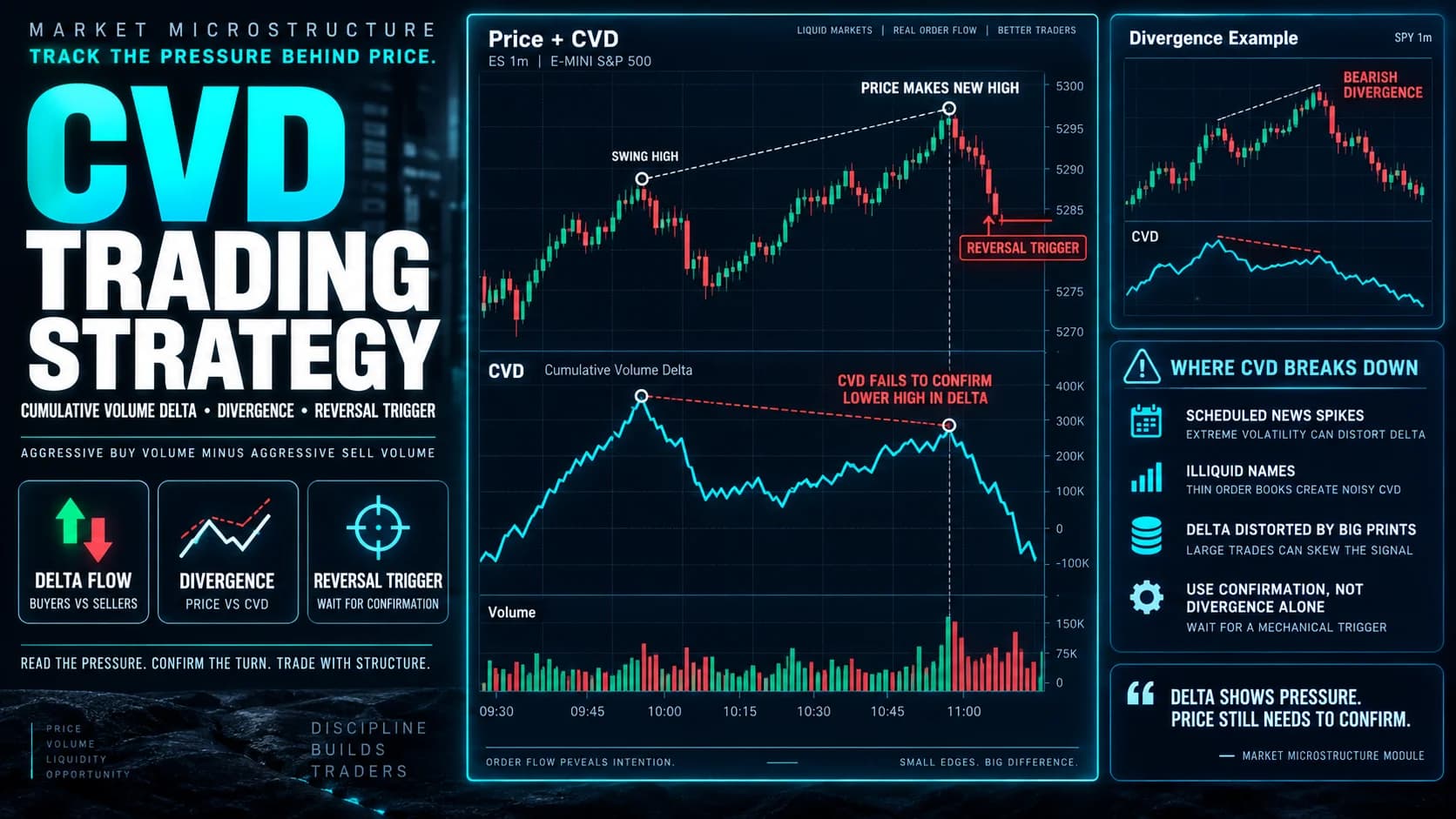 Cumulative Volume Delta trading strategy featured image showing price making a new high, CVD failing to confirm the move, and a reversal trigger based on bearish divergence