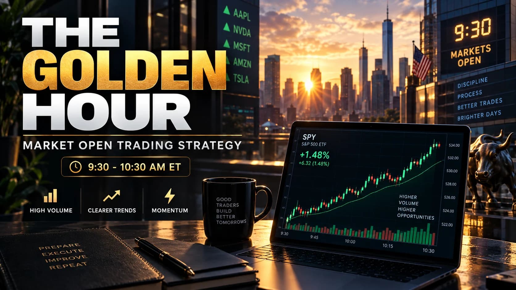 Golden Hour market open trading strategy showing high-volume stock price action and momentum during the first hour after the 9:30 AM opening bell.