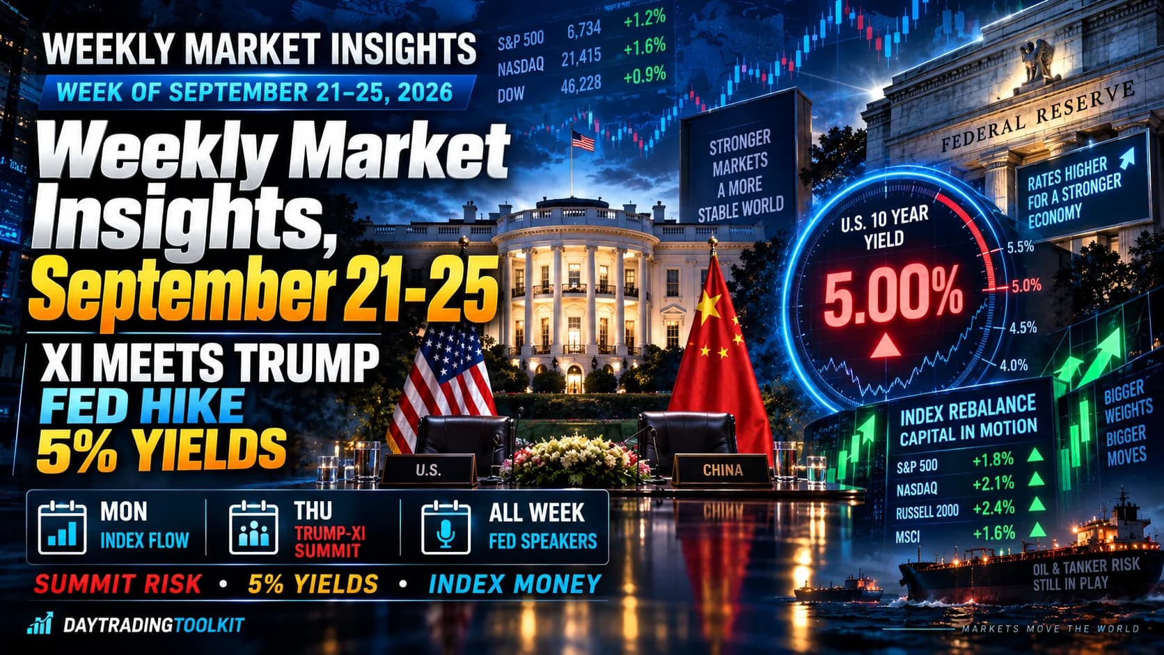 Weekly Market Insights September 21-25, 2026 featuring the Trump-Xi summit, Fed hike outlook, 5 percent Treasury yields, and index rebalance flows.