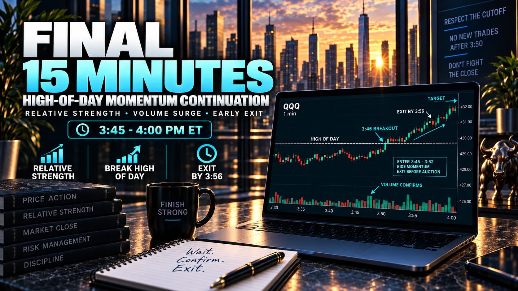 Final 15 minutes trading strategy showing a volume-confirmed high-of-day breakout, relative strength momentum, and exit before the closing auction