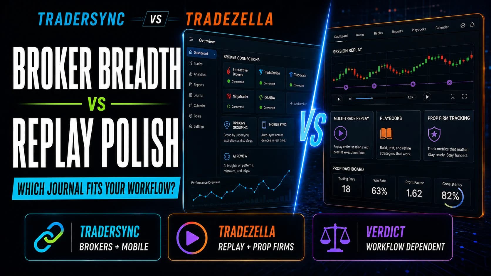 TraderSync versus TradeZella comparison highlighting broker and mobile support against session replay and prop-firm tools.