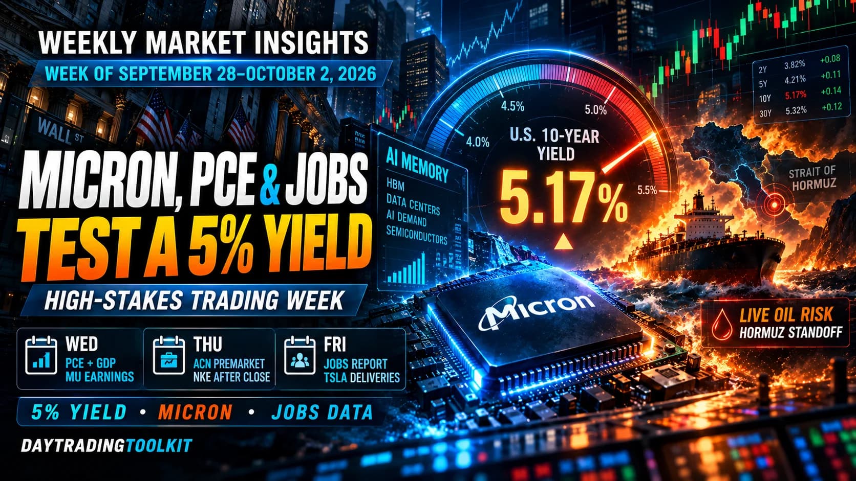 Weekly Market Insights September 28 to October 2, 2026 featuring Micron earnings, PCE inflation, the jobs report, a 5 percent plus 10-year Treasury yield, and Strait of Hormuz oil risk.